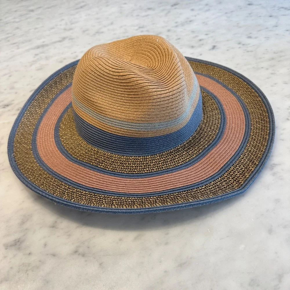 San Diego Hat Company Womens Striped Straw Sun Hat Blue Pink Tan Wide Brim O/S - Picture 4 of 4